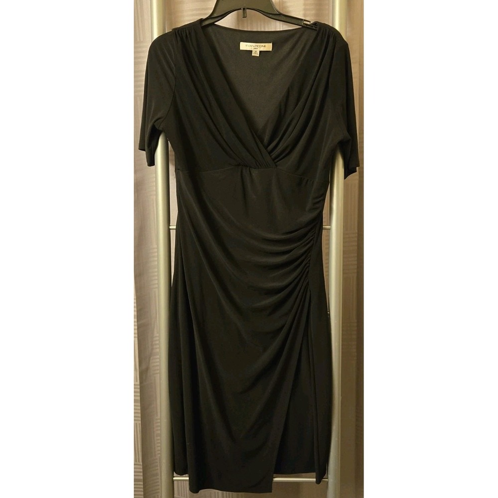 Evan Picone Dress Womens Size 10‎ Solid All Black Pullover Short Sleeve V-neck